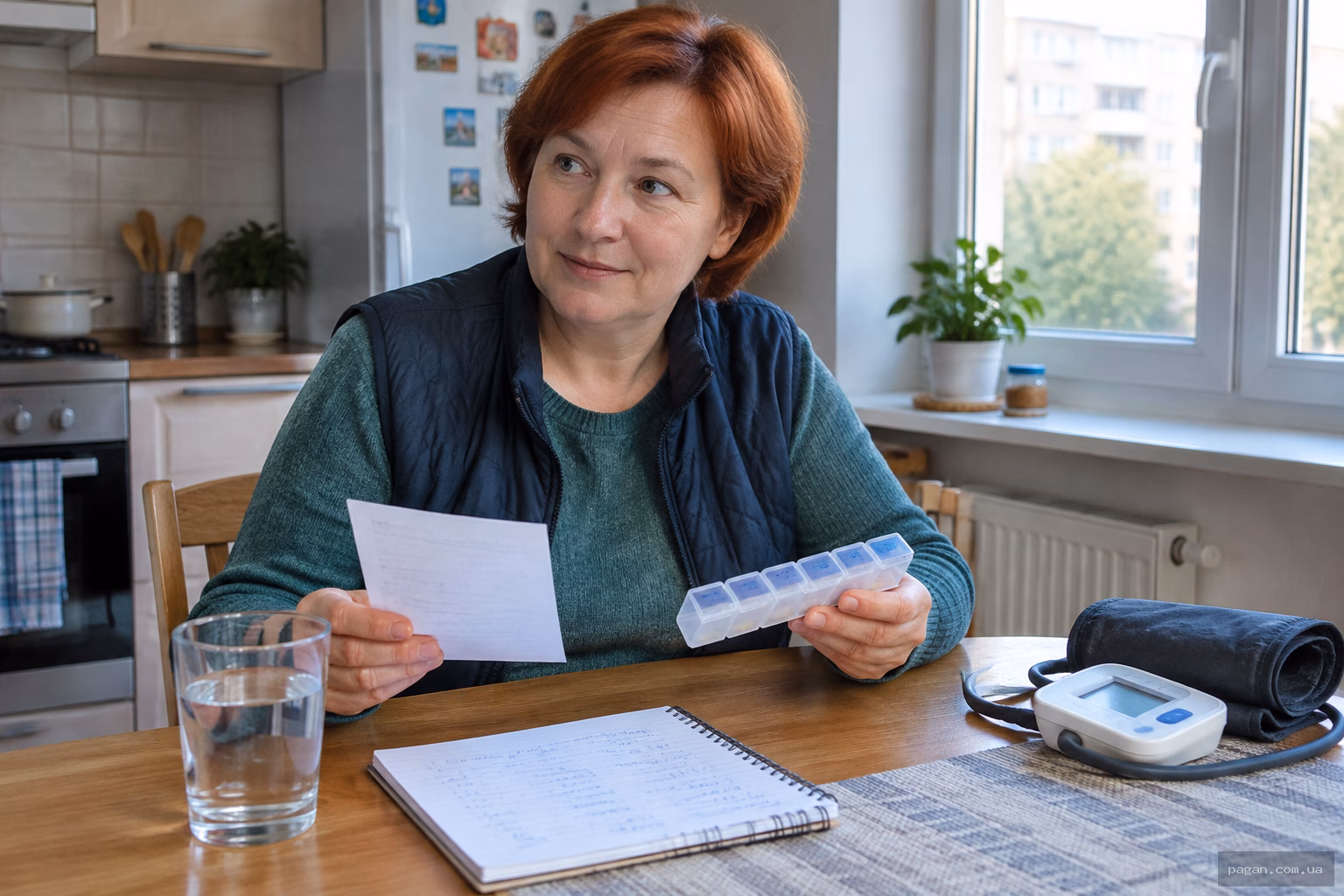 Пацієнт удома перевіряє схему прийому таблеток за рецептом, поруч тонометр і склянка води