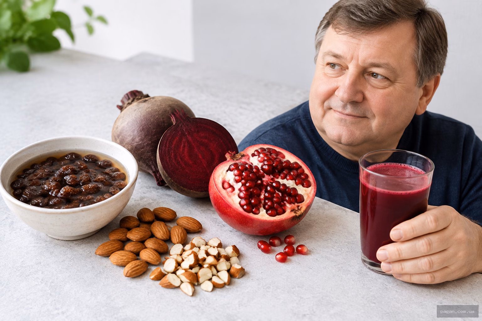 Родзинки, мигдаль, буряковий сік і розрізаний гранат на кам'яній поверхні