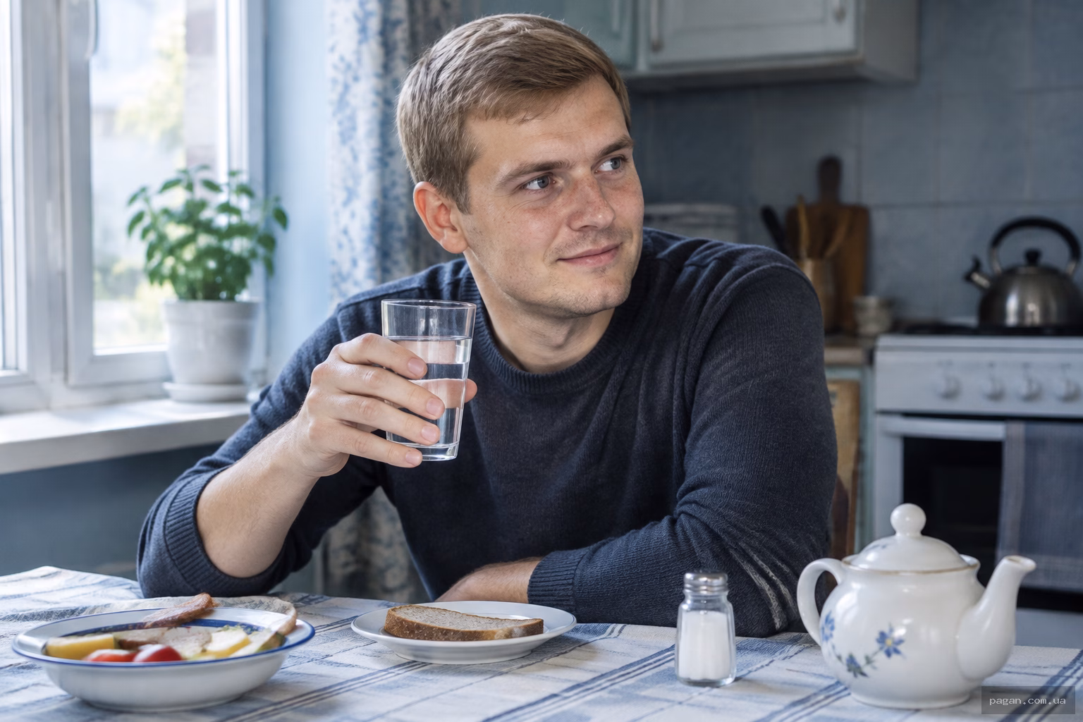 Літній чоловік за кухонним столом тримає склянку мінеральної води