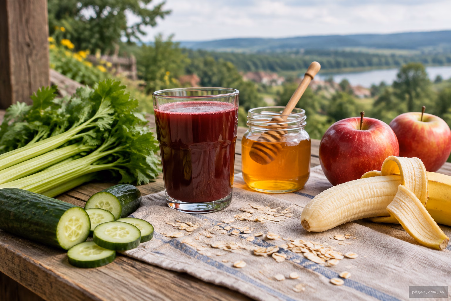 Стіл із буряковим соком, медом, селерою, огірком, бананом і яблуками — продукти, корисні при гіпертонії