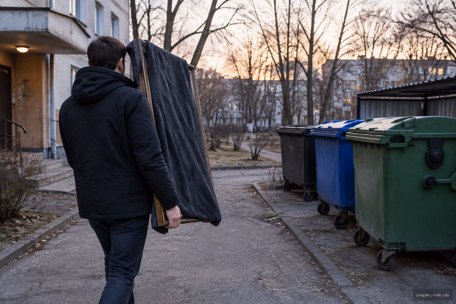 Людина виносить велике старе дзеркало, завішене темною тканиною, до сміттєвих баків у дворі