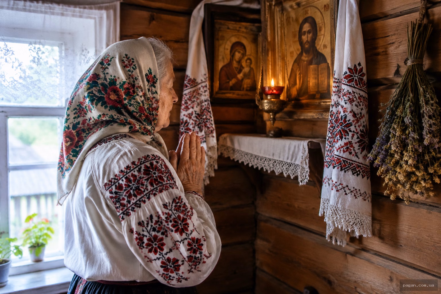 Літня жінка в хустині молиться перед іконами в сільській хаті