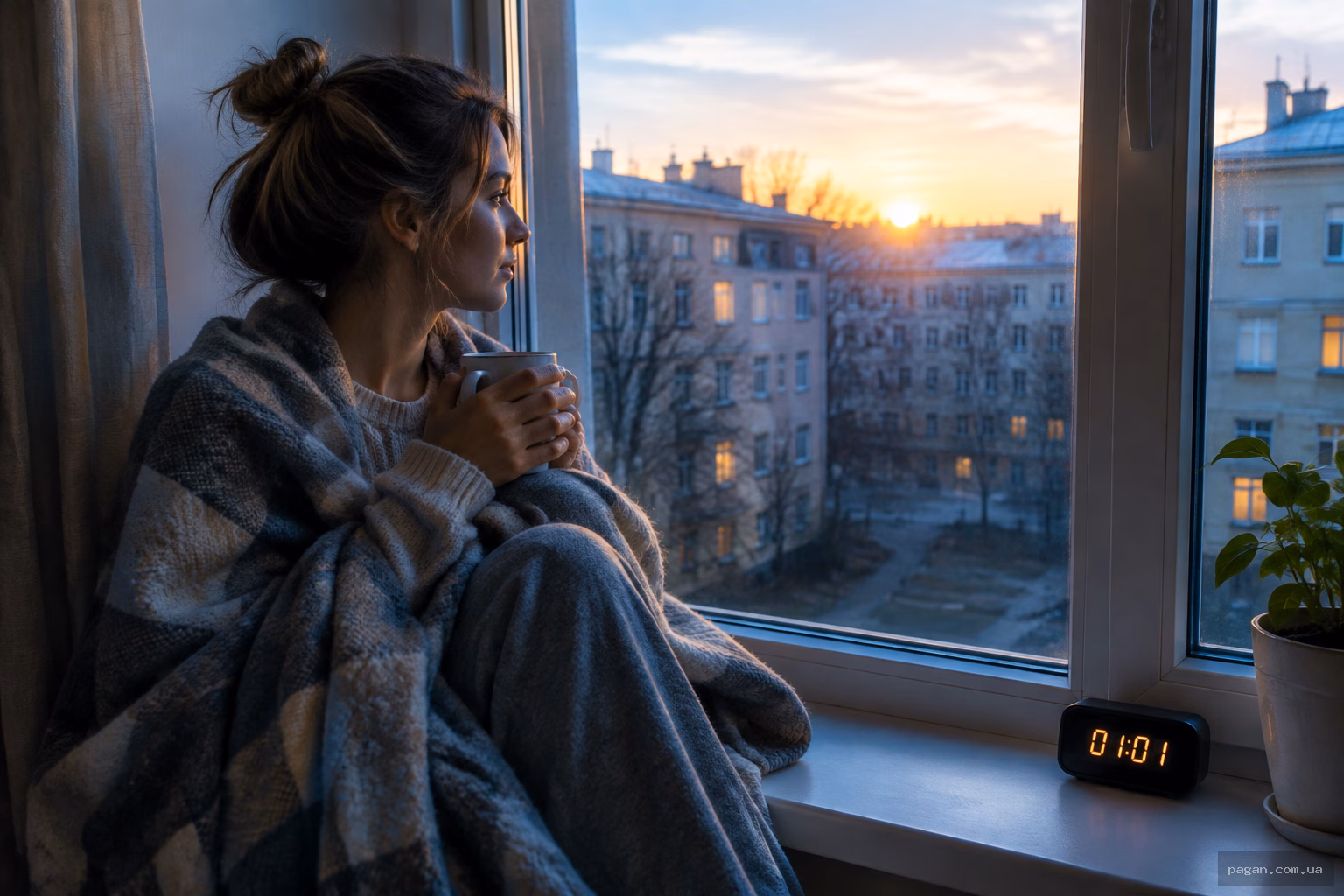 Людина сидить на підвіконні вдосвіта й розмірковує, що робити, коли 01 01 трапляється на годиннику часто