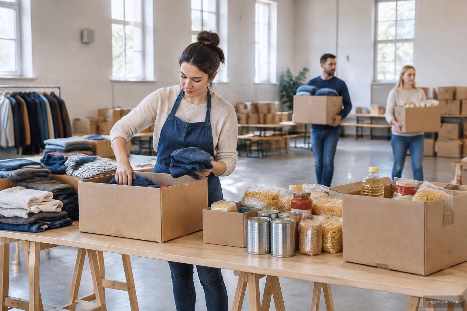 Волонтери сортують речі та продукти для громади в залі