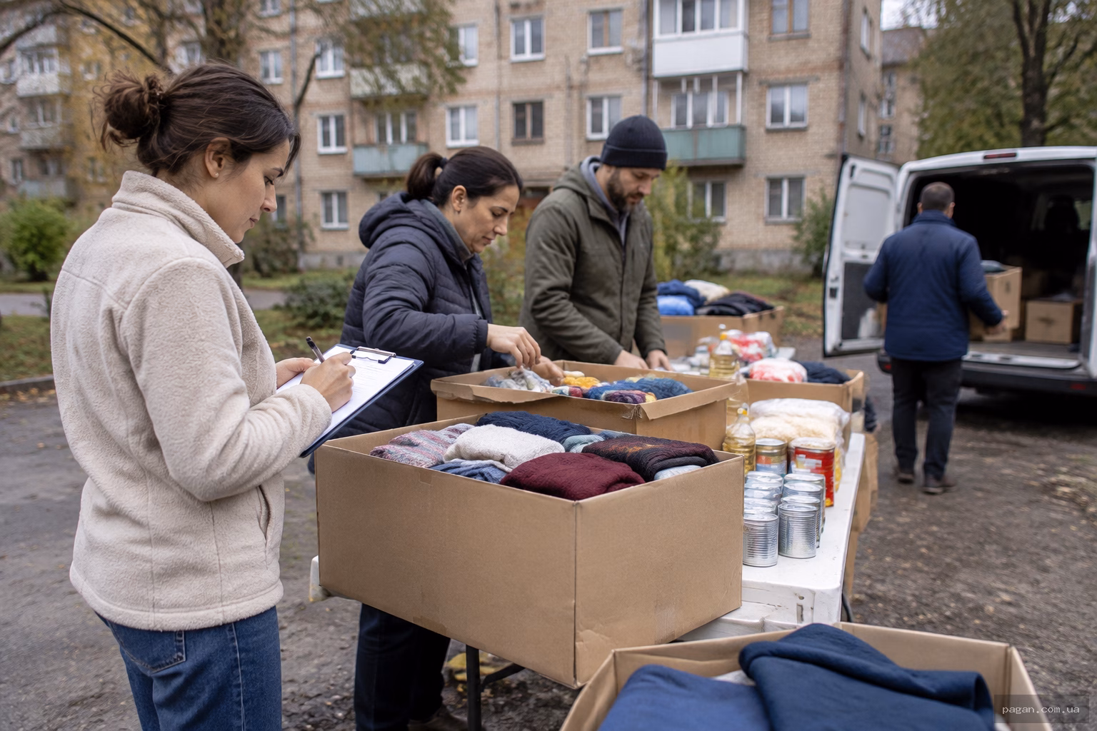Волонтери у дворі сортують продукти й одяг у коробки біля фургона