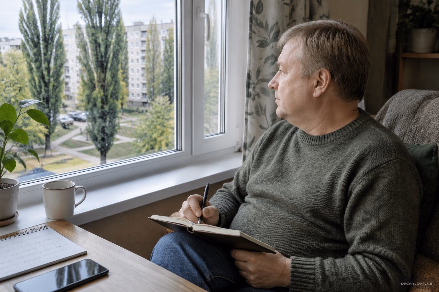 Жінка з нотатником біля вікна обмірковує свої рішення й плани
