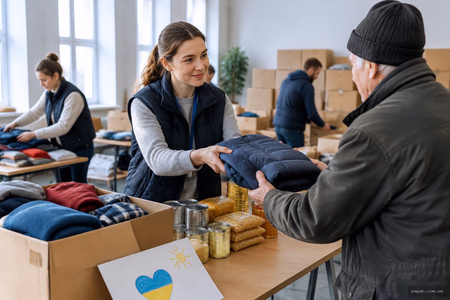 Волонтери сортують речі та продуктові коробки у світлій залі громади