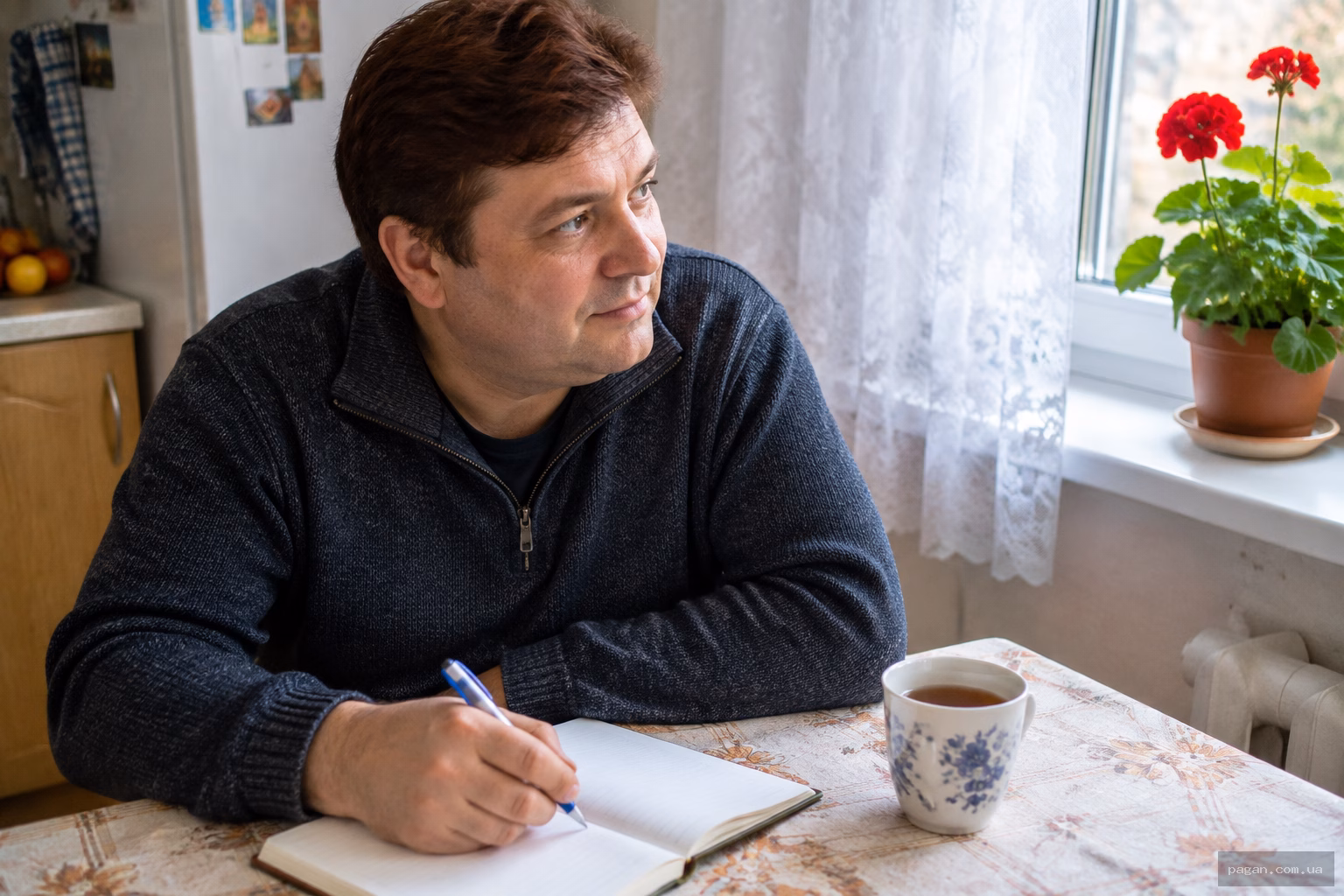 Жінка за кухонним столом записує власні пріоритети, обмірковуючи зміни у своєму житті