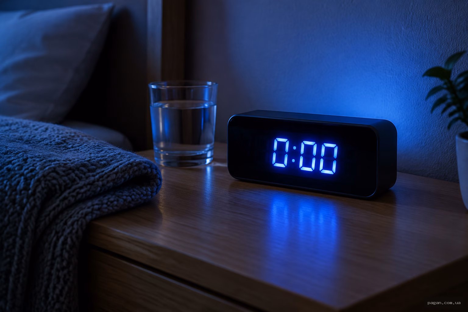 Цифровий годинник у темній спальні показує 0:00