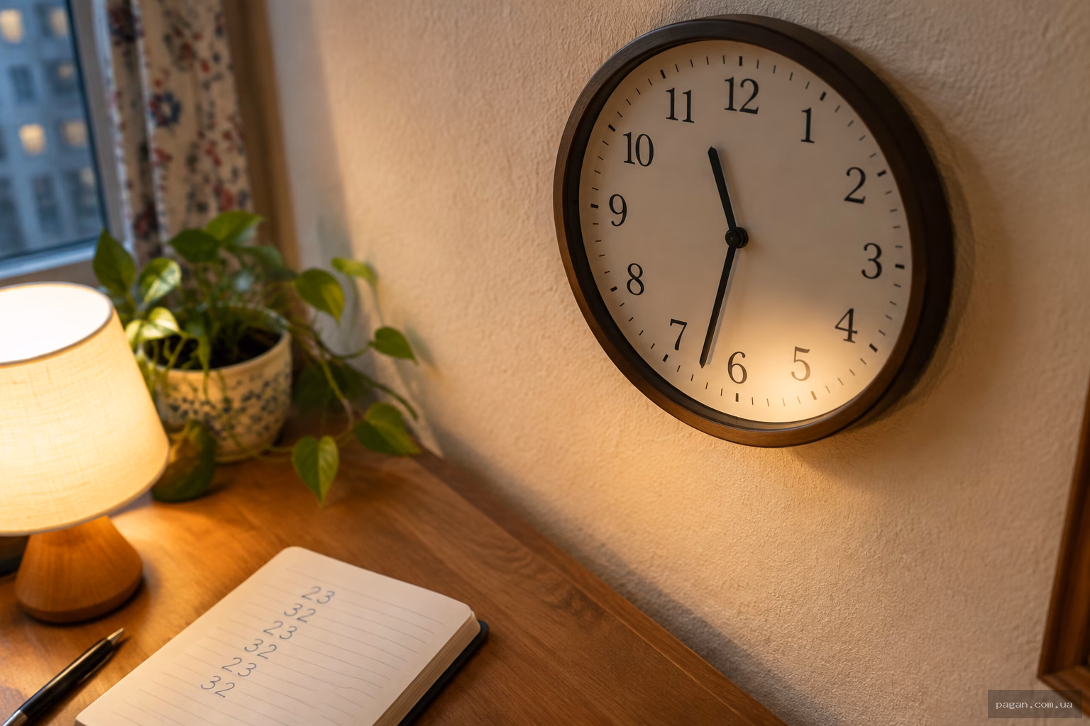 Класичний настінний годинник увечері на тлі домашньої стіни