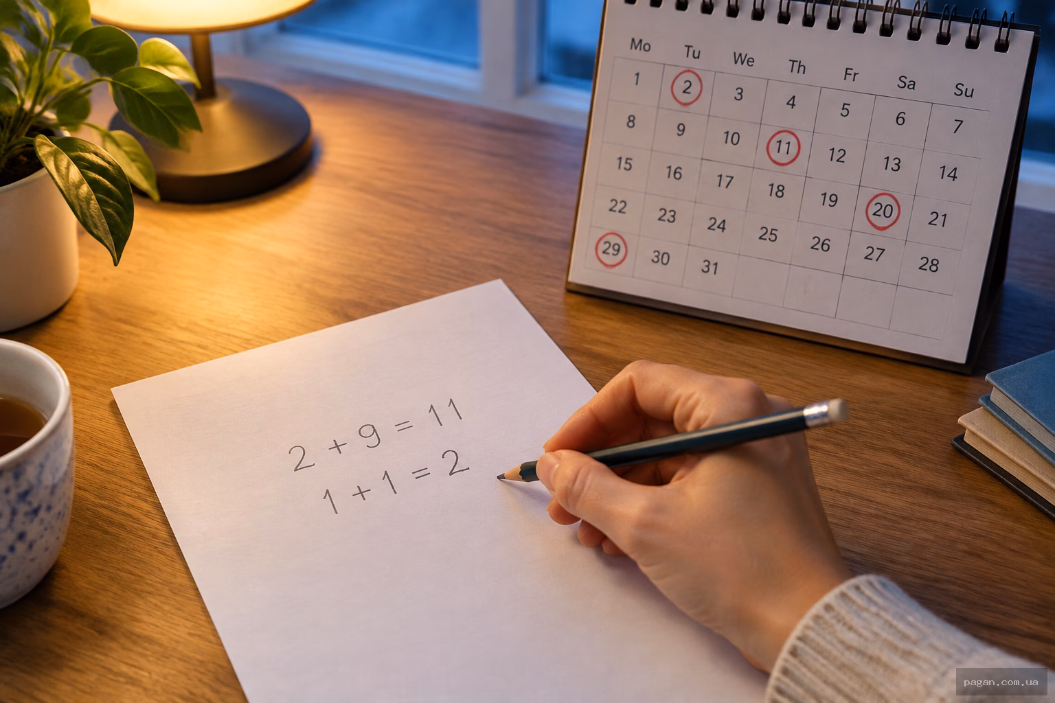 Розрахунок числа душі 2 на аркуші паперу з додаванням 2+9=11 і 1+1=2