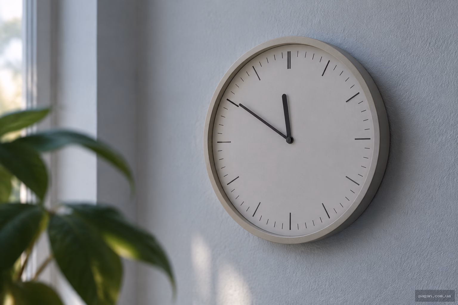 Настінний годинник зі стрілками на позначці 11:50 у ранковому світлі