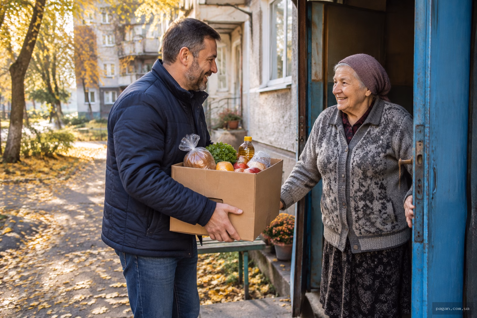 Чоловік допомагає літньому сусідові з продуктами у дворі