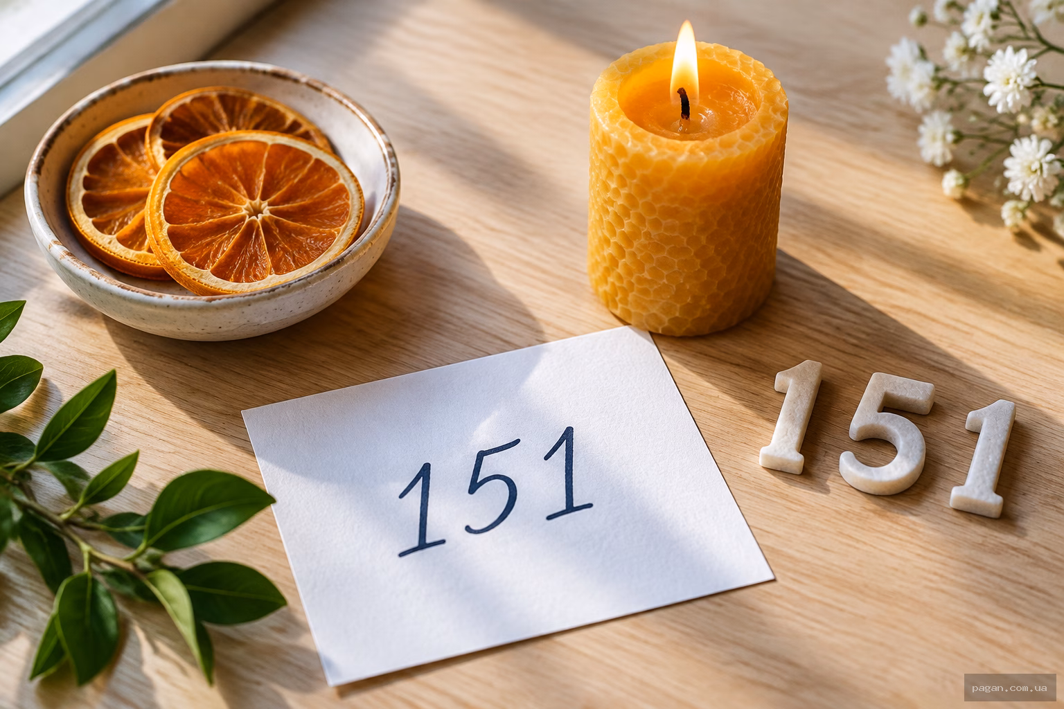 Рукописні цифри 151 на аркуші паперу серед свічок і сушених апельсинів на дерев'яному столі