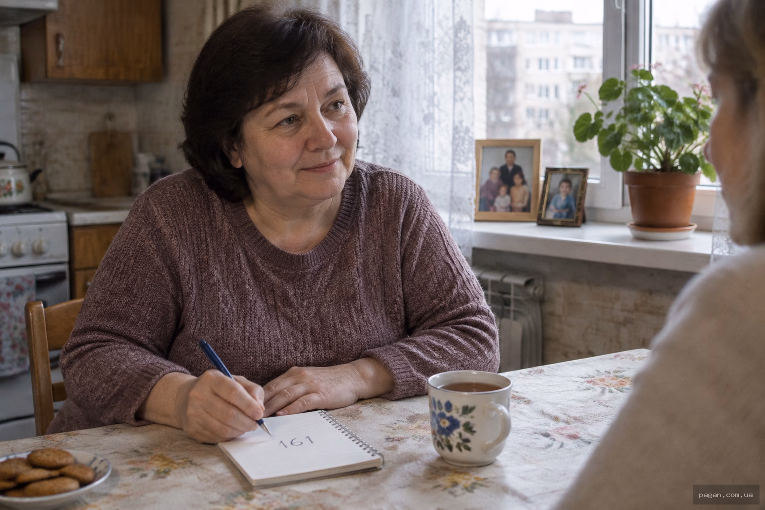 Жінка занотовує число 161 за кухонним столом у квартирі