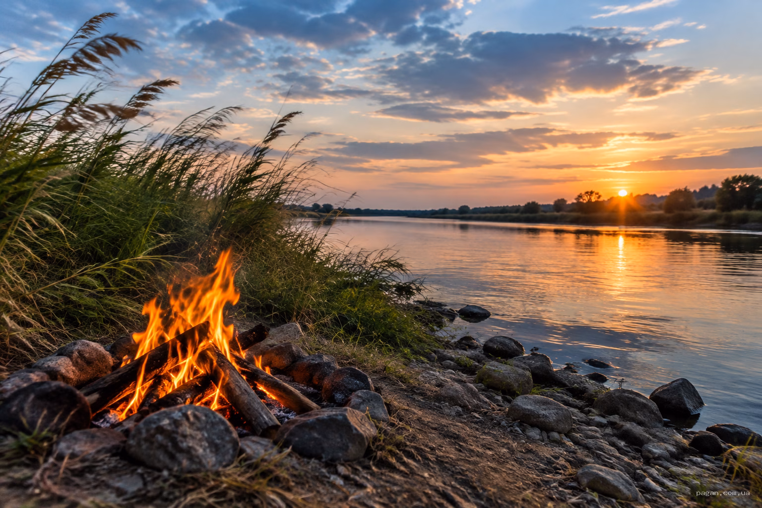 Пейзаж, де поєднано воду, землю, вогонь і повітря — ілюстрація до значення числа 4