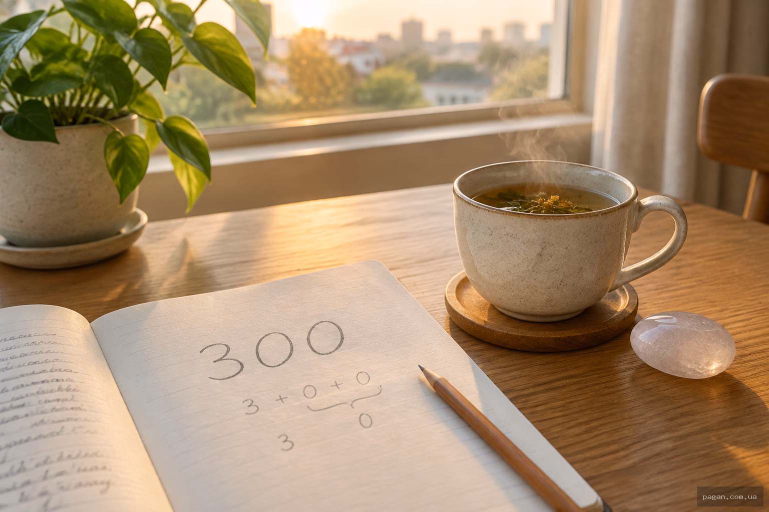 Записник із числом 300 на столі біля вікна як символ ангельської нумерології