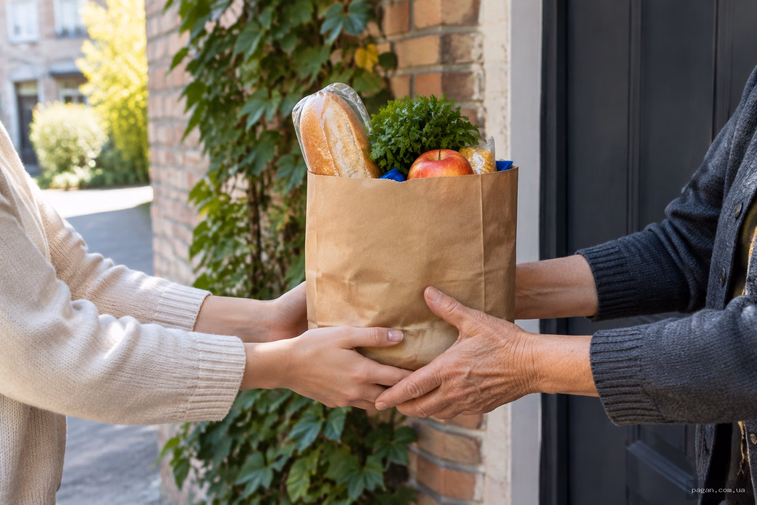 Дві пари рук передають пакет із продуктами на порозі будинку