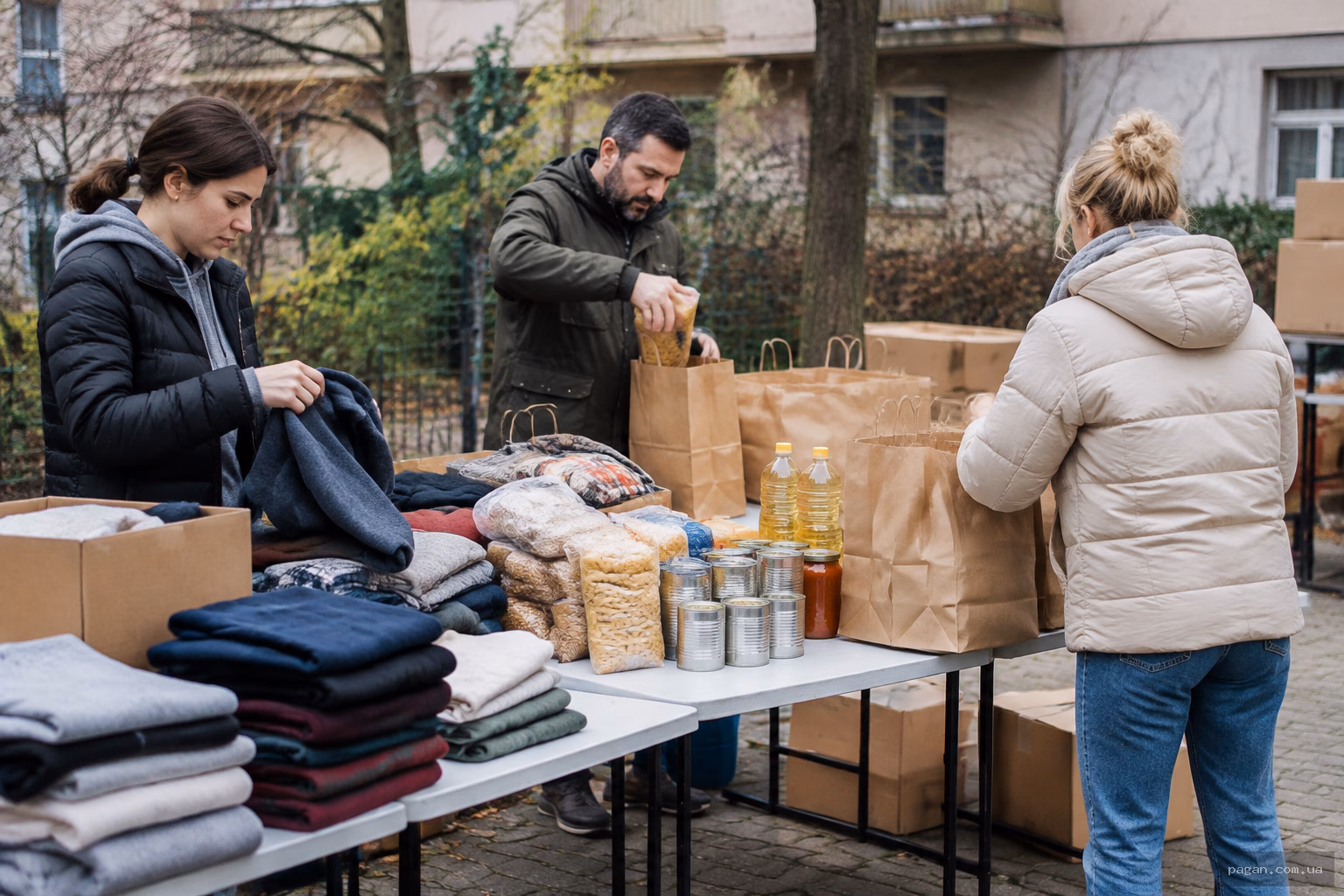 Волонтери складають речі та продукти в пакунки для допомоги близьким