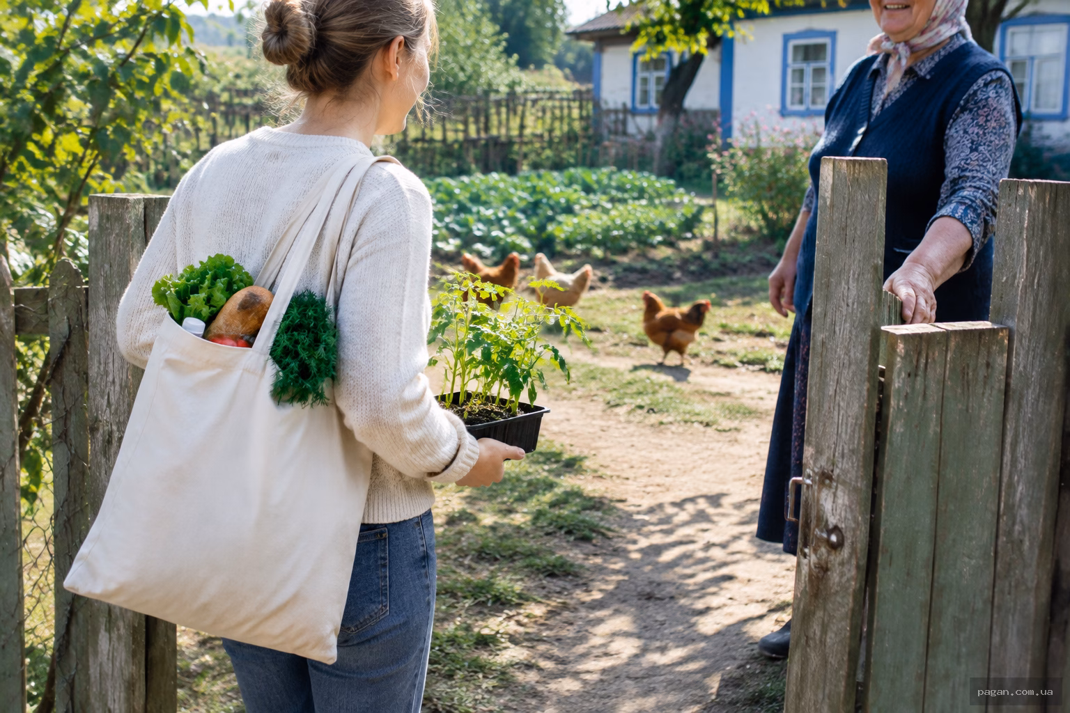 Жінка приносить продукти та саджанці родичам у сільський двір
