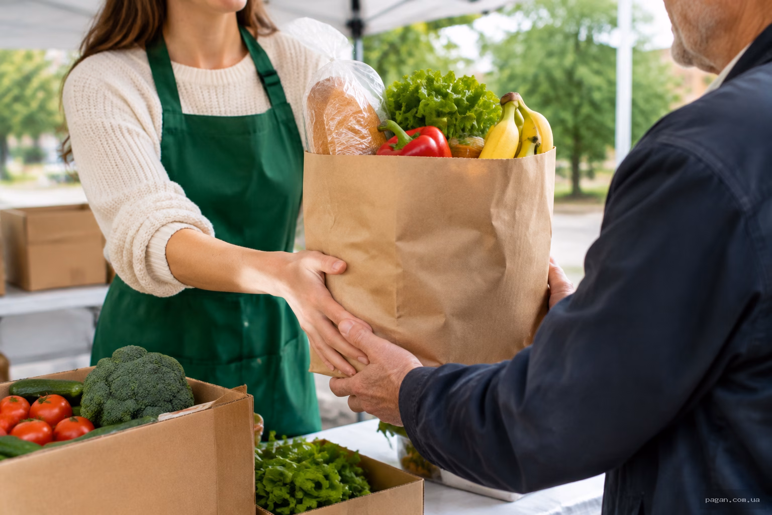 Волонтерка передає продукти літньому чоловікові, ілюструючи закон віддачі та отримання