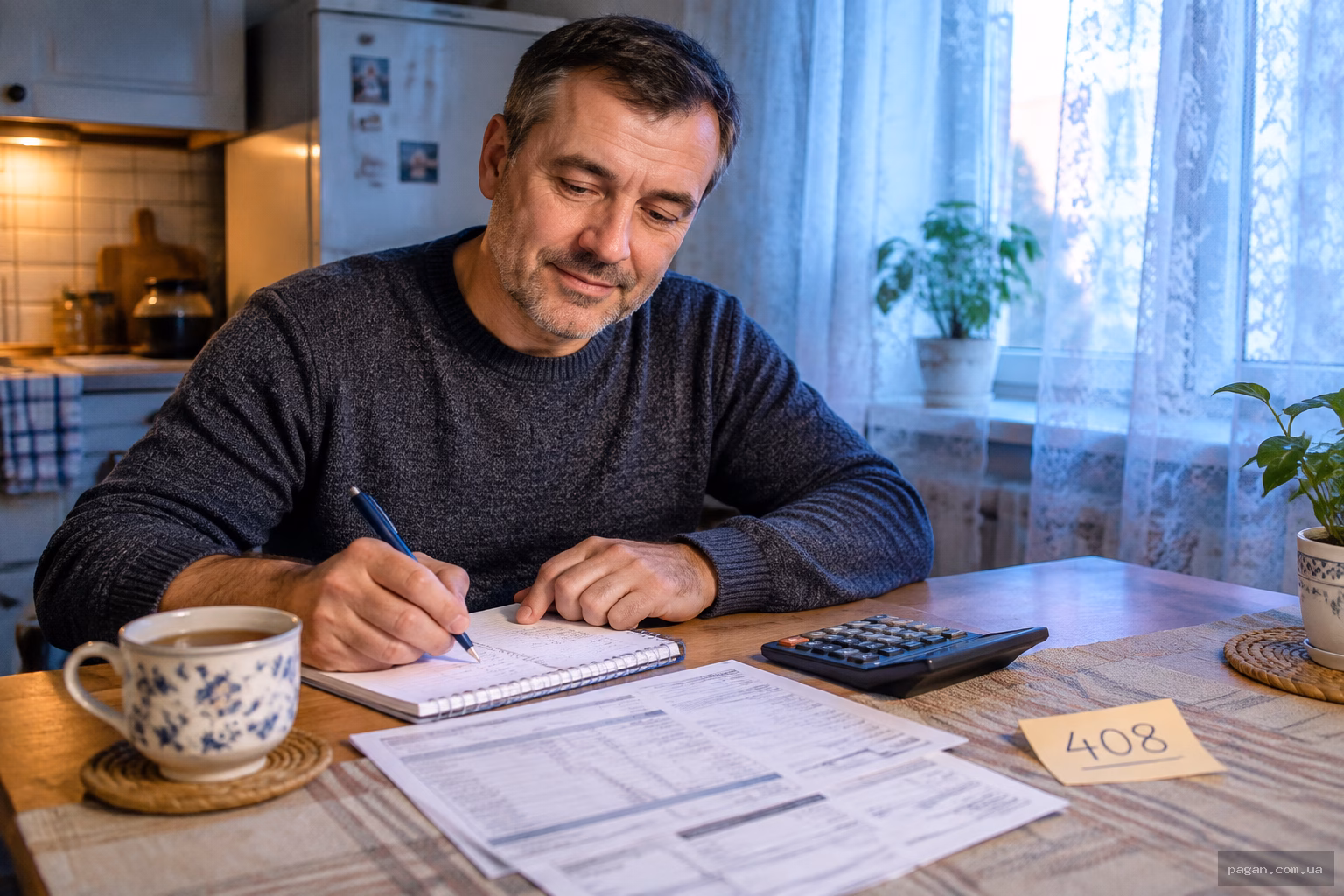 Чоловік за кухонним столом переглядає рахунок і записує домашній бюджет