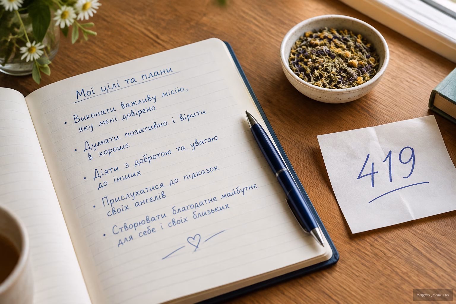 Записник із особистими цілями та аркуш із числом 419 на столі