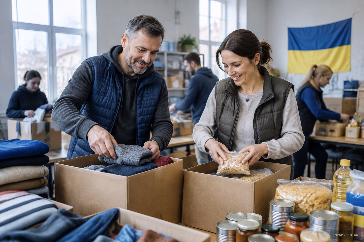 Волонтери сортують речі та продукти в ящики у світлій залі