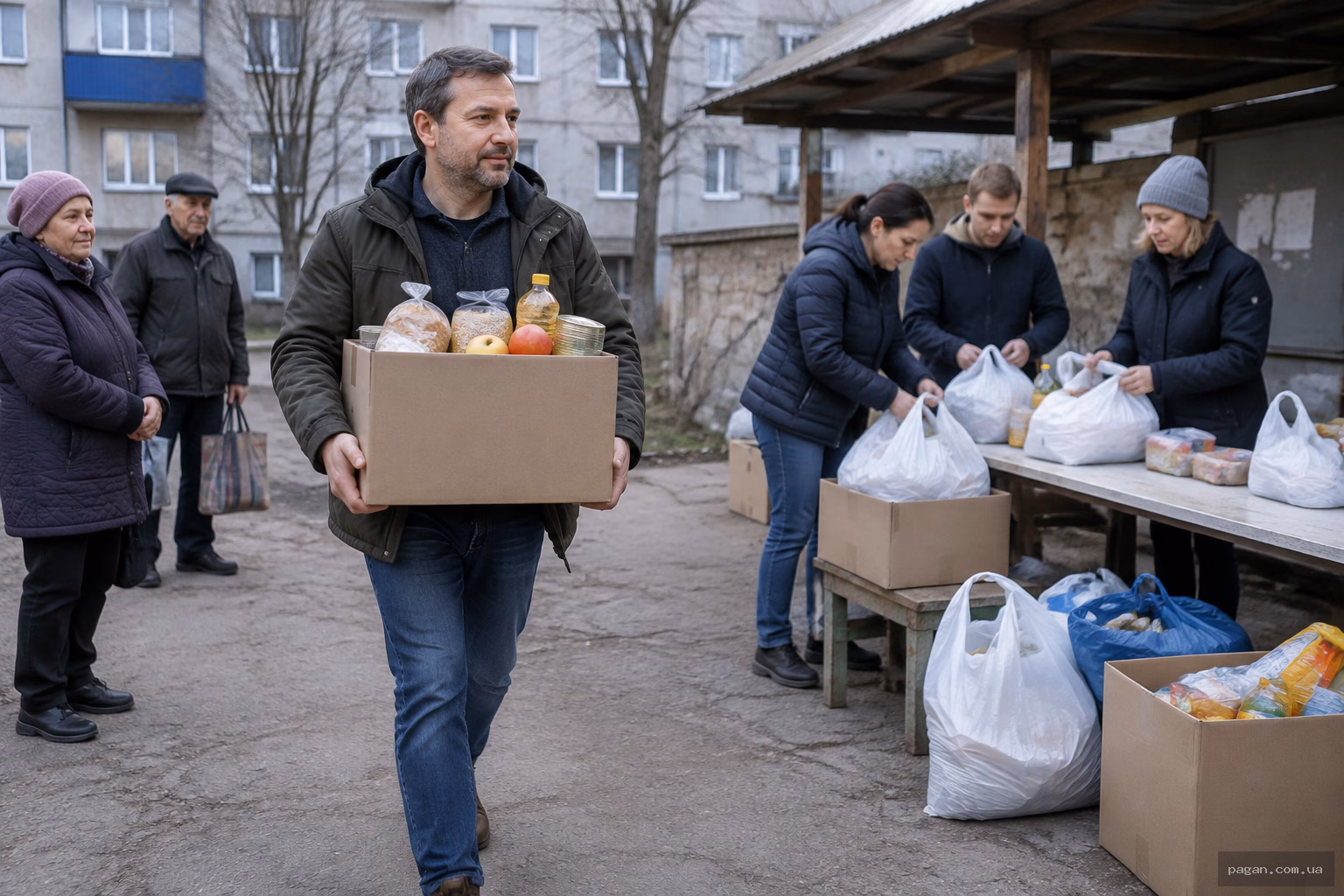 Чоловік передає продукти на благодійному пункті, втілюючи заклик числа 423 до щедрості