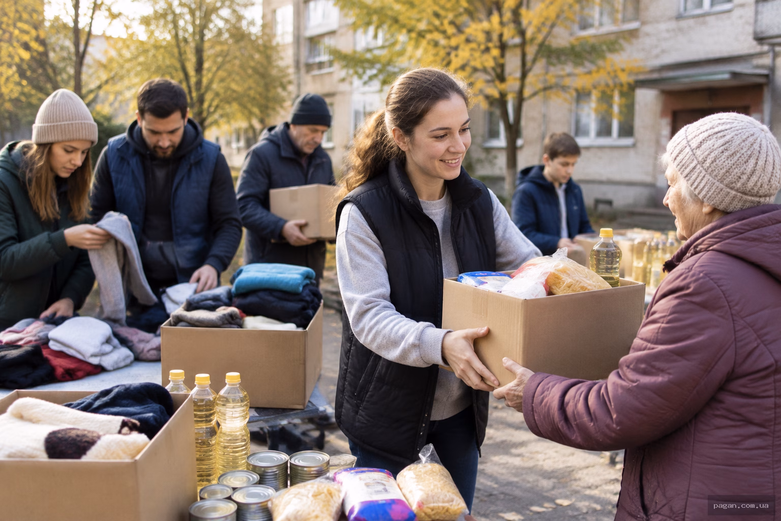 Сусіди у дворі збирають речі та продукти для тих, кому потрібна допомога