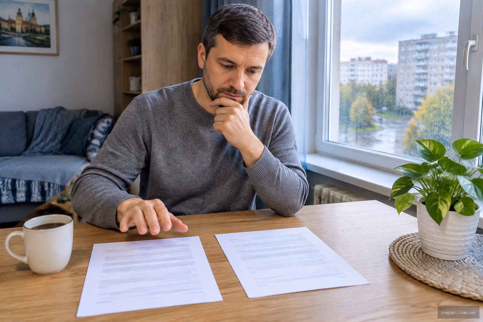 Чоловік за домашнім столом обирає між двома пропозиціями роботи