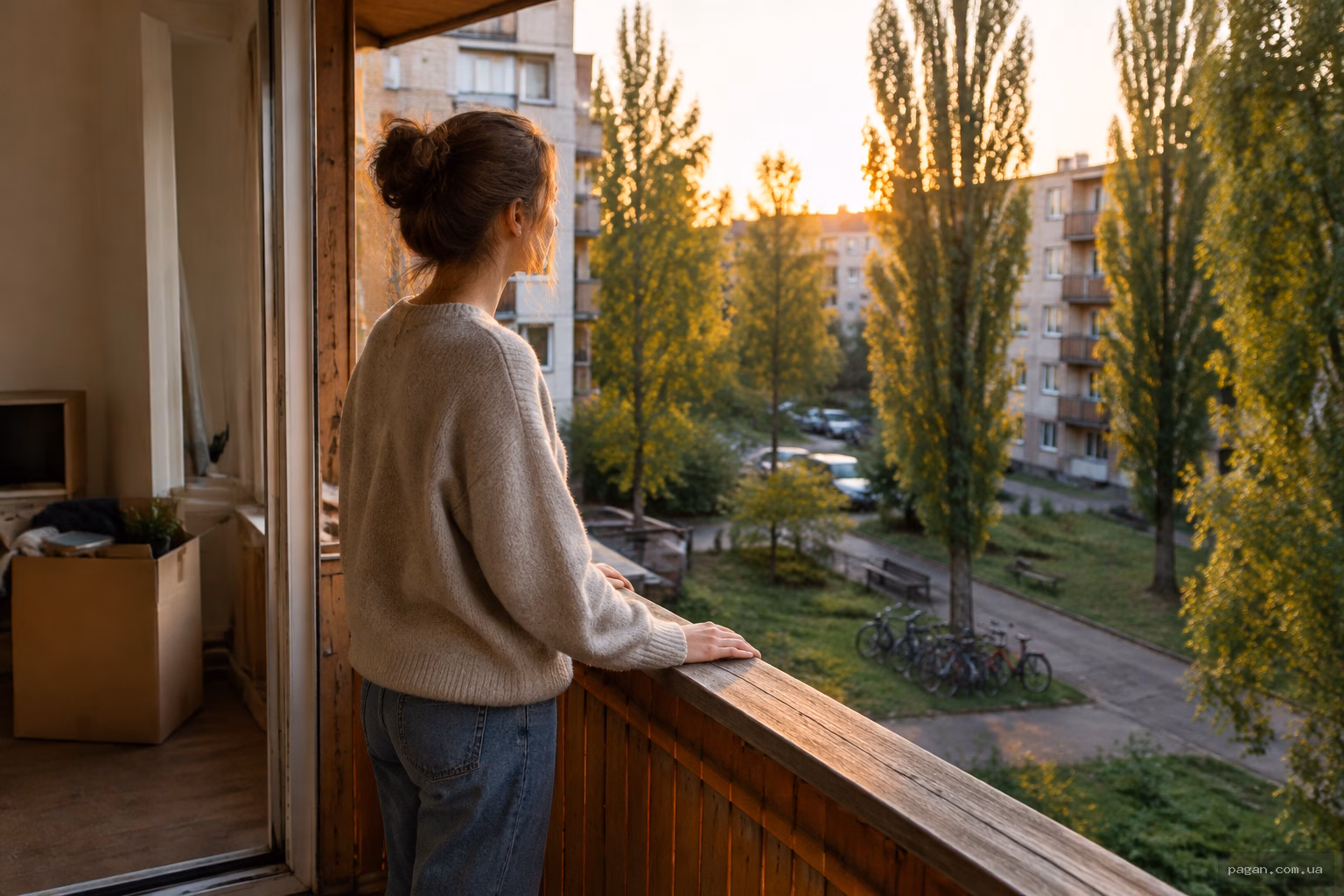 Людина на балконі ввечері дивиться на двір, позаду видно напівзібрану коробку — символ завершення етапу