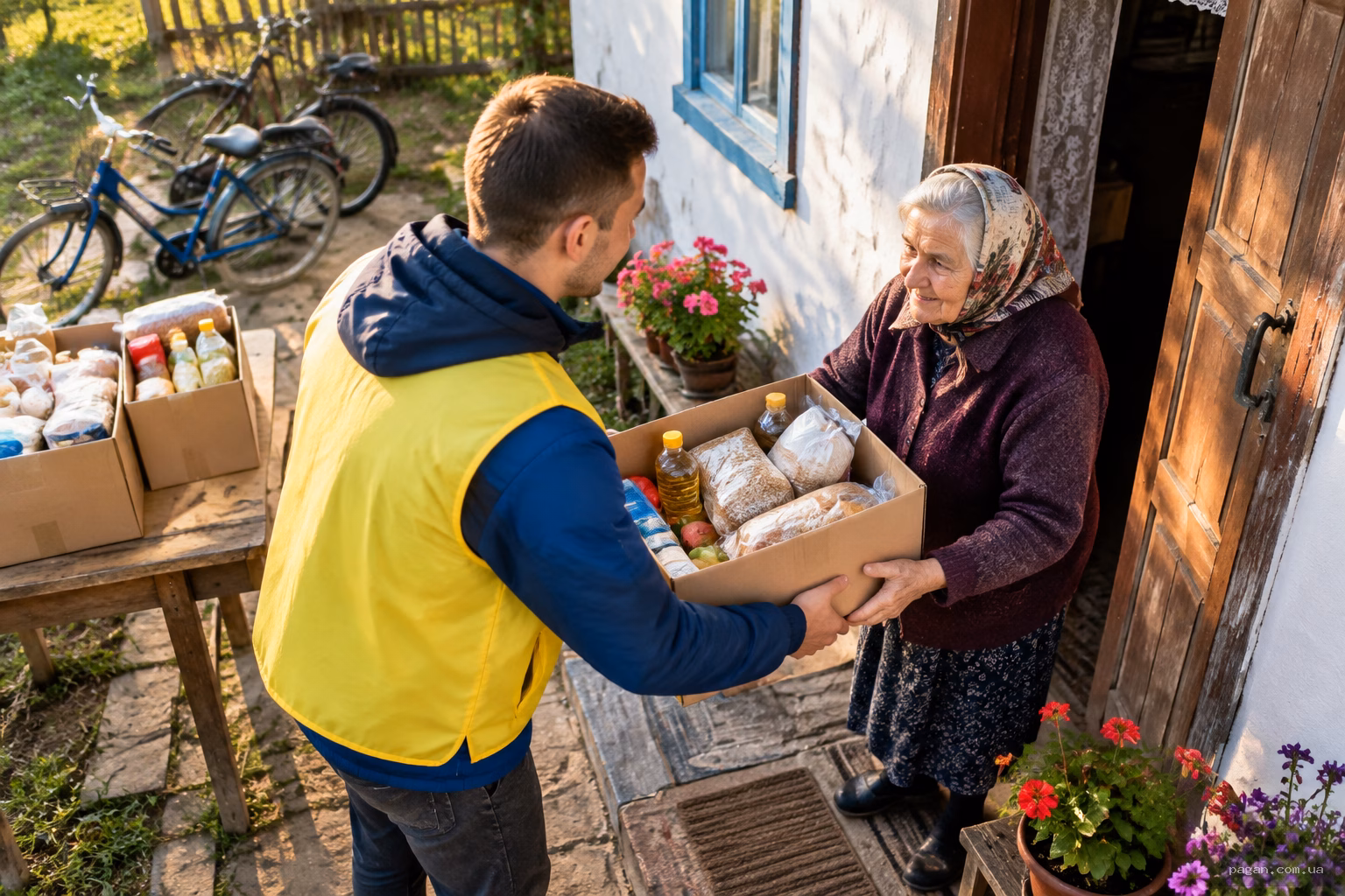 Молодий чоловік передає пакунок продуктів літній сусідці біля сільського будинку