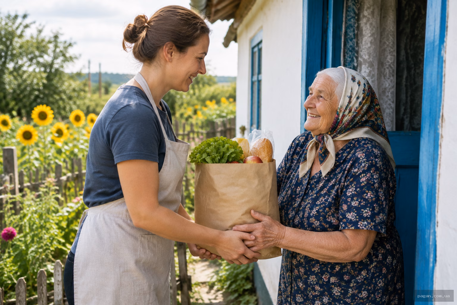 Волонтер передає продуктовий набір літній сусідці, ілюструючи щедрість і чуйність