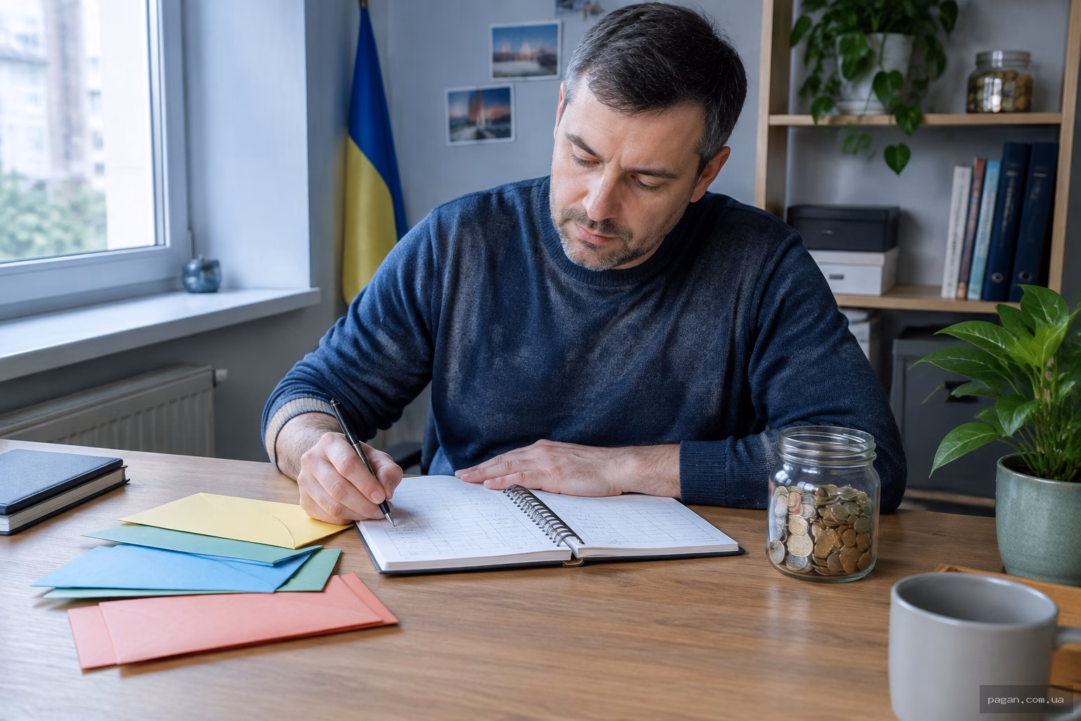 Чоловік складає план заощаджень за письмовим столом — практичні кроки, які випливають із послання числа 588