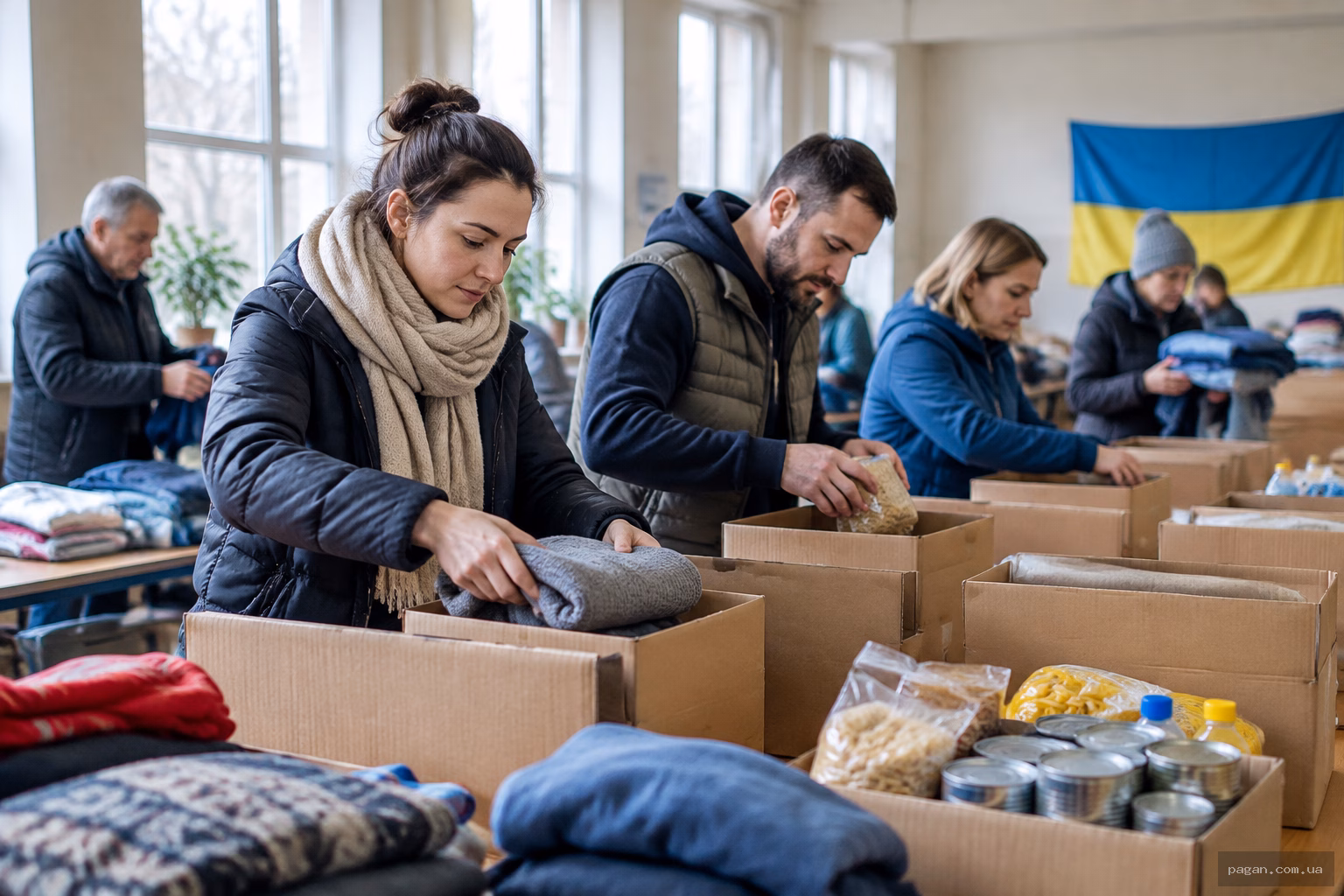 Волонтери сортують речі та продукти в коробки у громадській залі