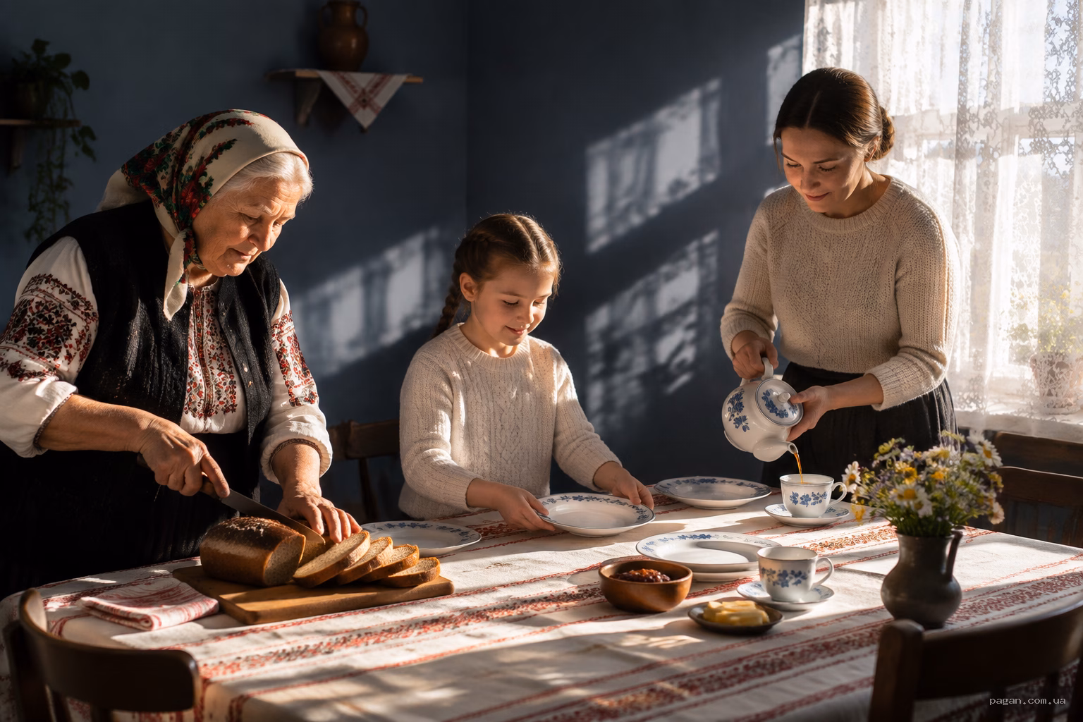 Родина трьох поколінь збирається за кухонним столом у домі