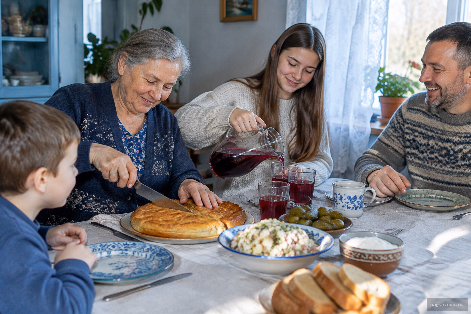 Родина різних поколінь зібралася за кухонним столом у затишній оселі