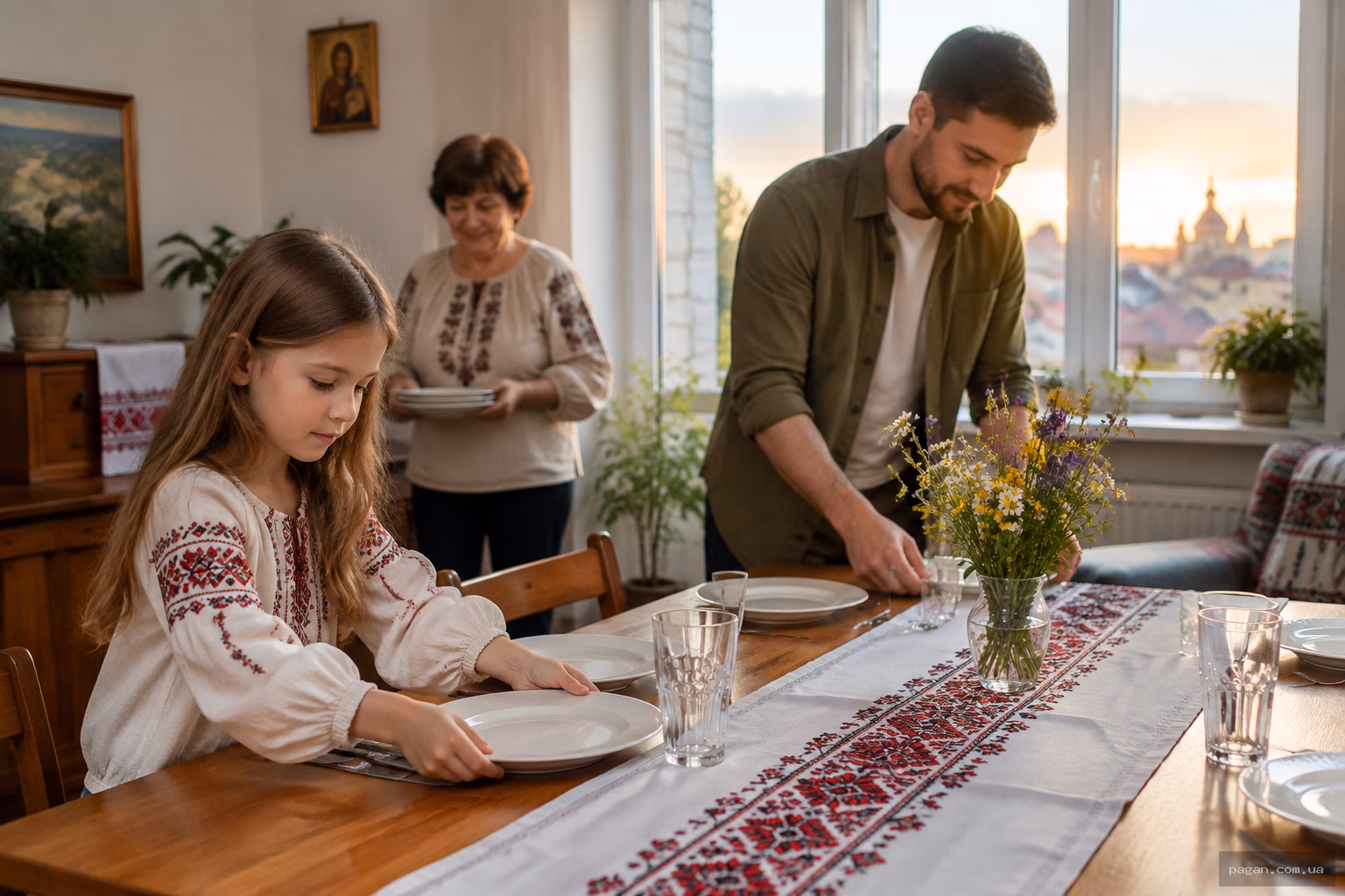 Родина разом накриває стіл у вітальні, тепла атмосфера близькості