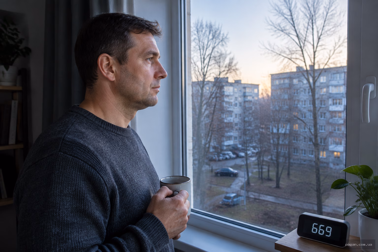 Жінка біля вікна квартири на світанку обмірковує зміни у своєму житті