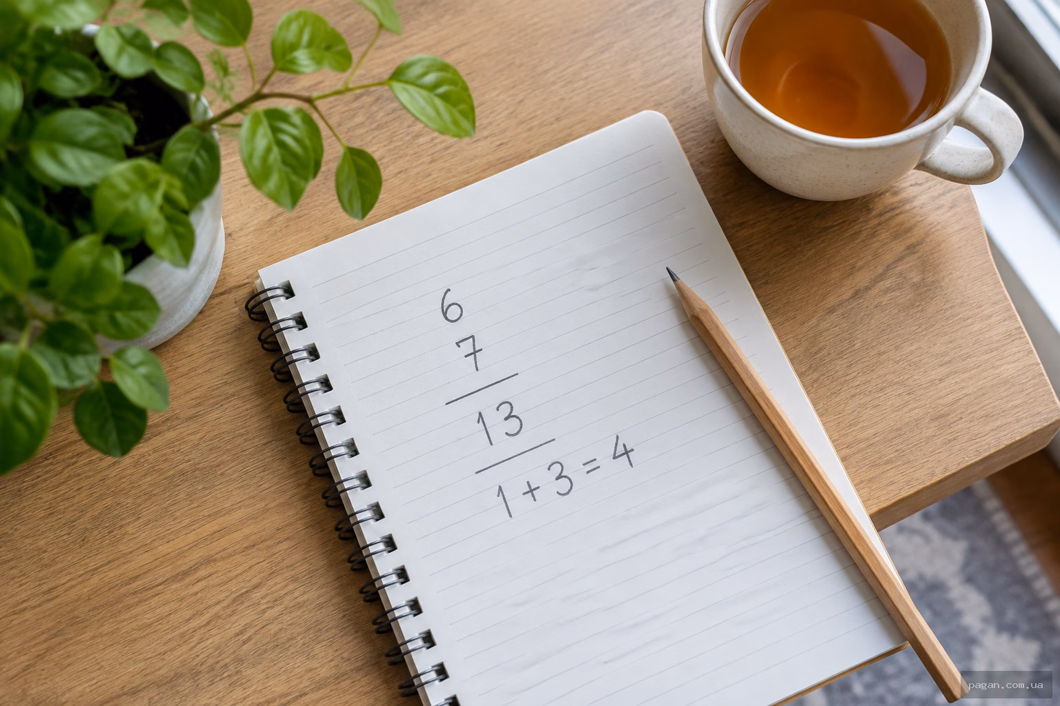 Рукописний розрахунок 6 + 7 = 13 і 1 + 3 = 4 у зошиті на робочому столі