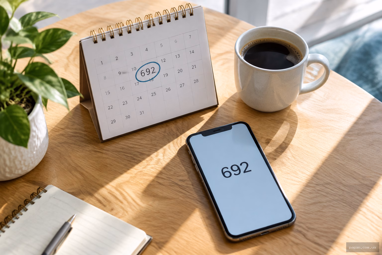 Календар і смартфон із числом 692 на робочому столі вдома