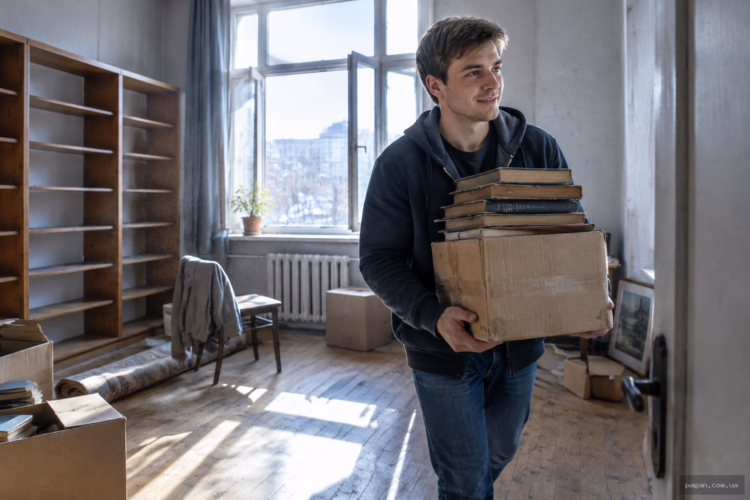 Чоловік виносить старі книги з дому, звільняючи місце для нового