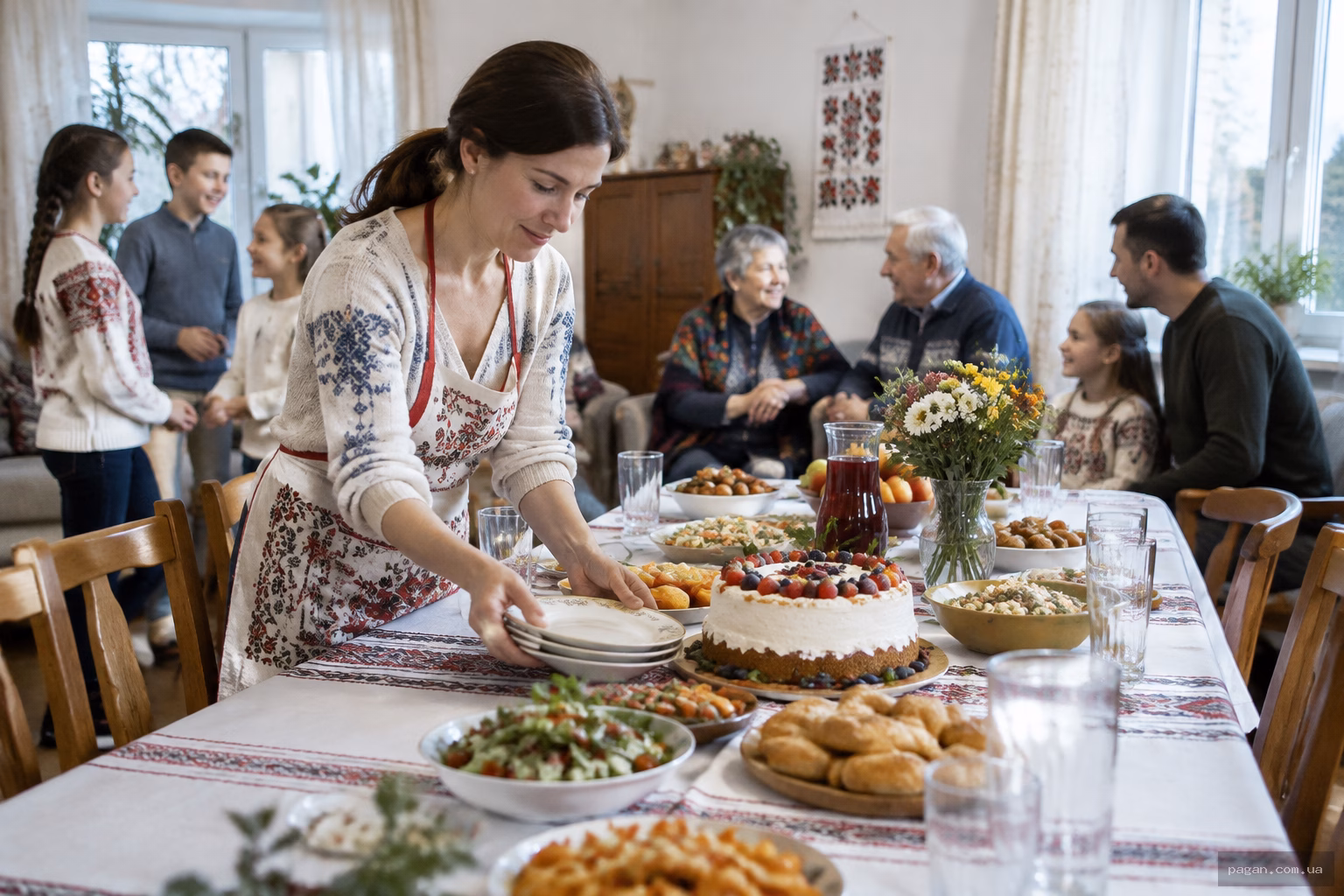 Родинне свято вдома: жінка накриває стіл, а рідні товаришують на тлі