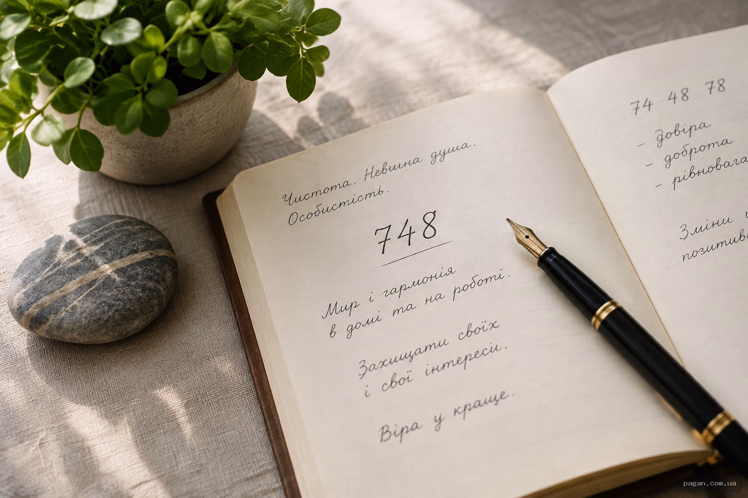 Розгорнутий журнал із записаним числом 748, ручка та кімнатна рослина на столі