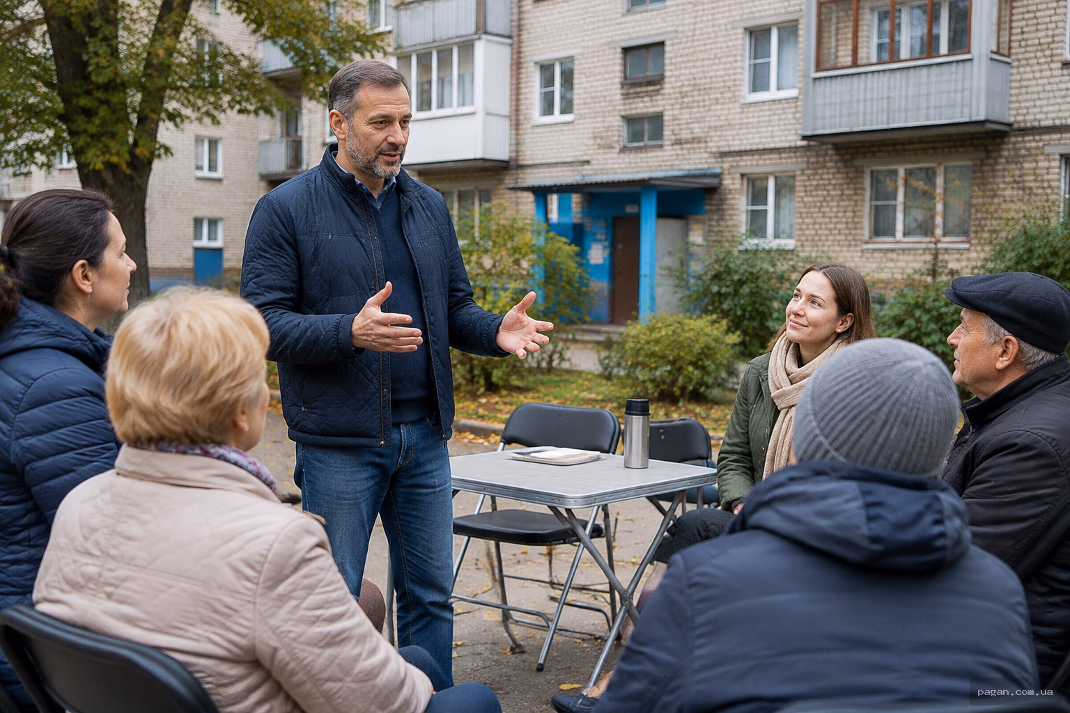 Чоловік виступає перед сусідами у дворі житлового будинку