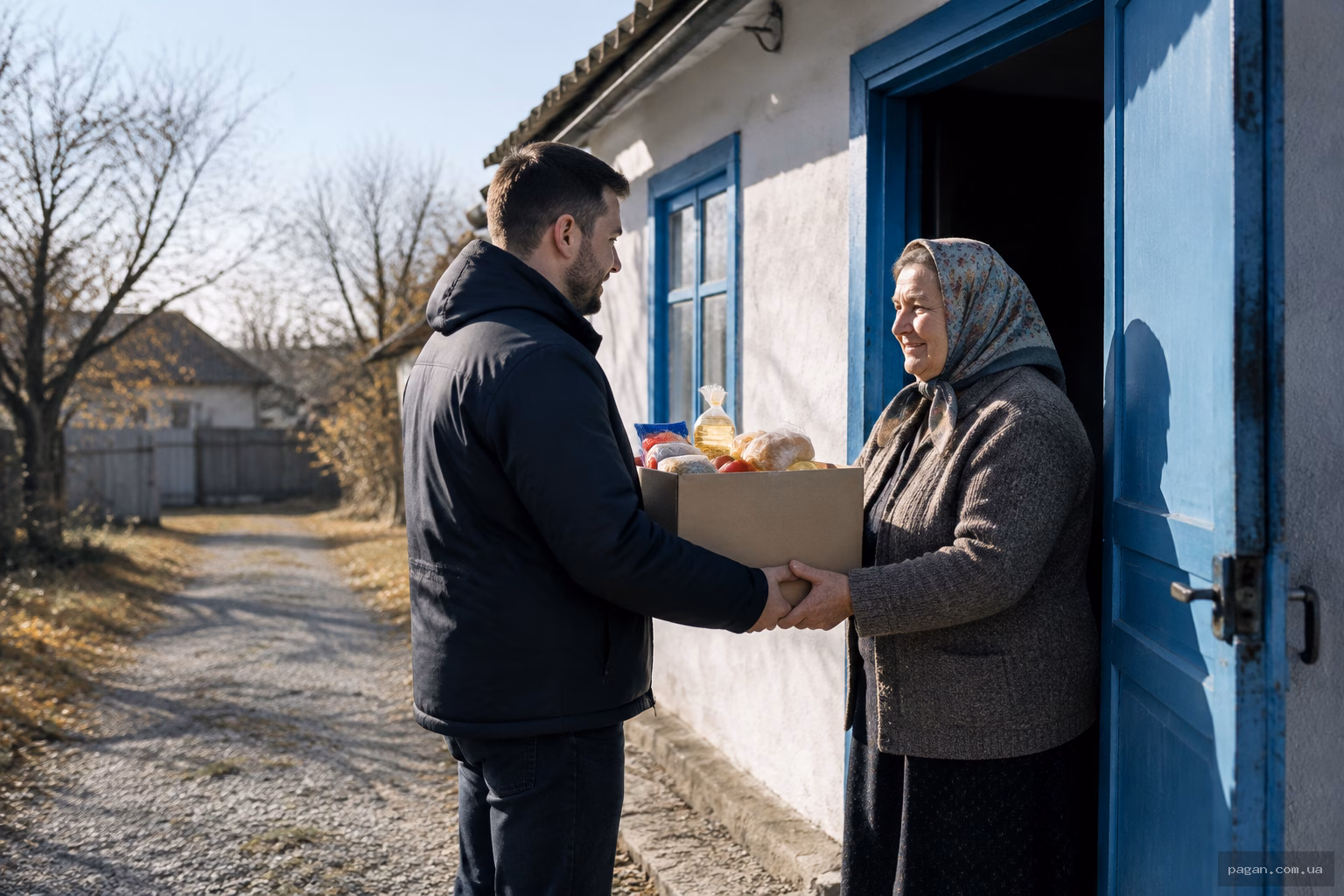 Волонтер передає продуктовий набір літній жінці біля сільського будинку — практична допомога ближнім