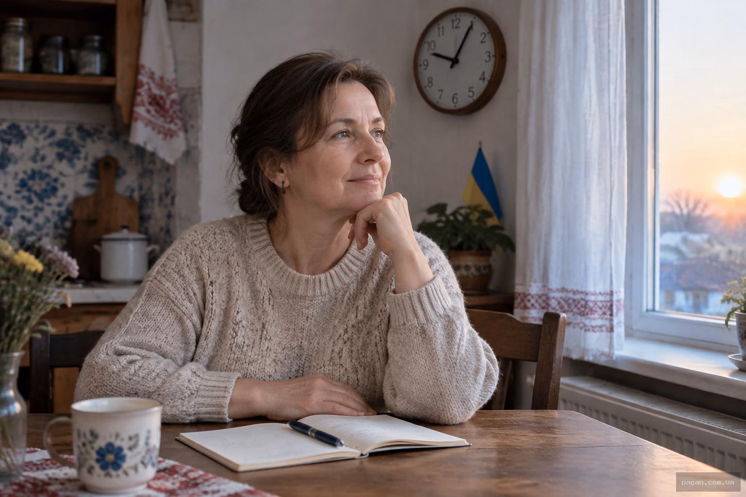 Жінка за кухонним столом вдосвіта дивиться на настінний годинник із цифрами 905