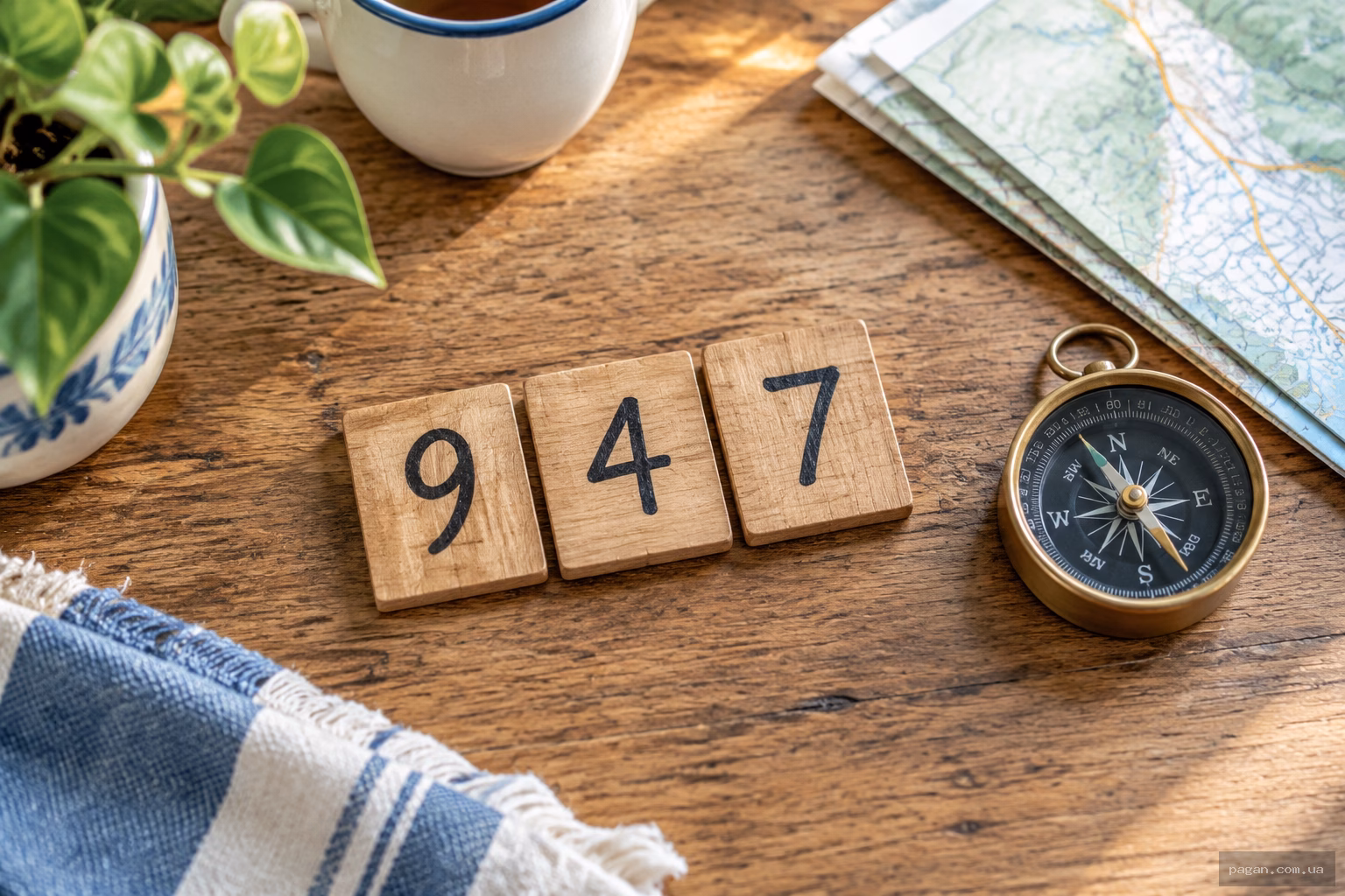 Цифри 9, 4 і 7 на дерев'яних плитках — розклад числа 947 на складові