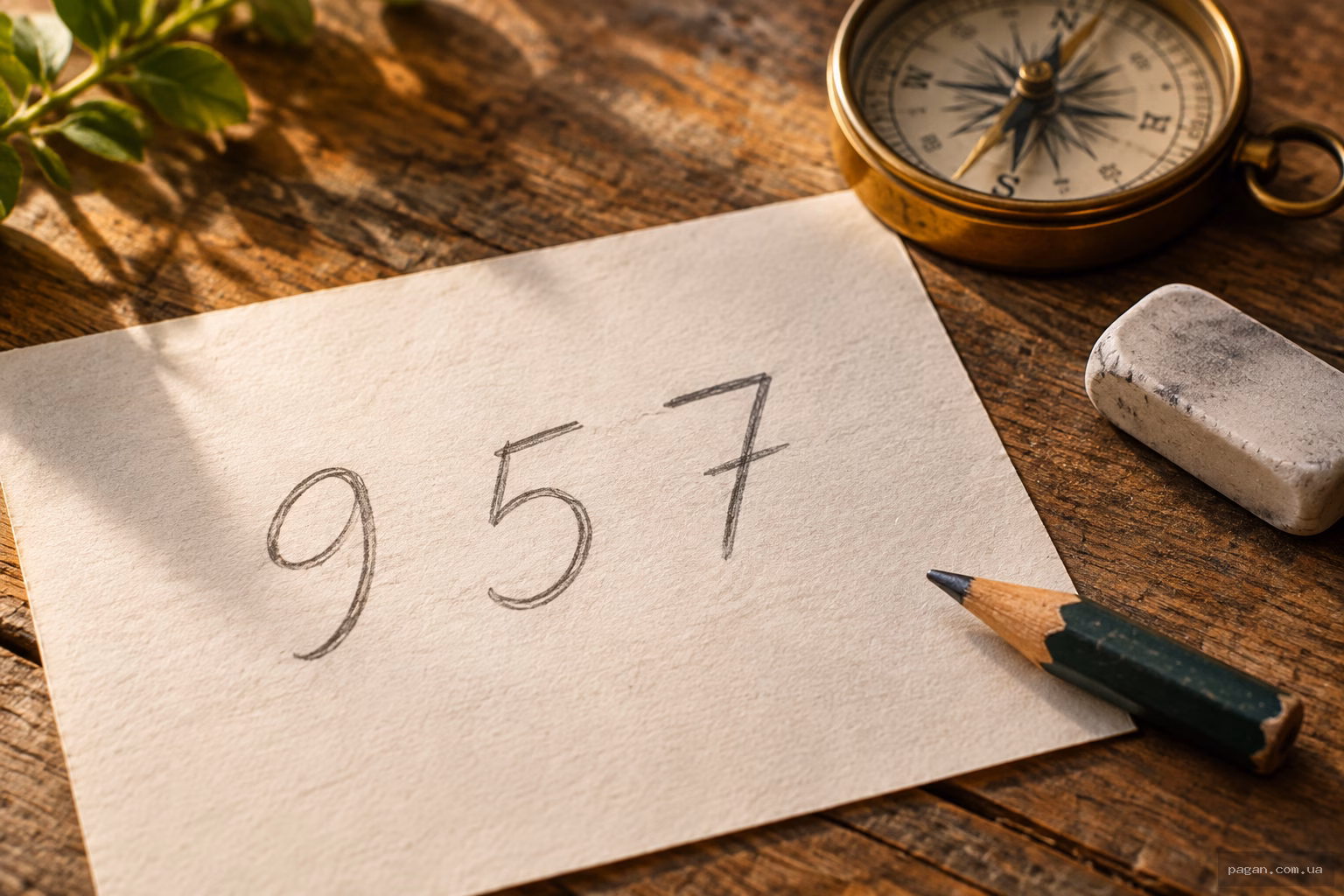 Рукописні цифри 9, 5 і 7 на аркуші паперу — складові числа 957